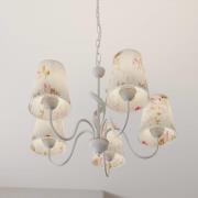 Hanglamp Sara bloemendecoratie stoffen kappen 5-lamps