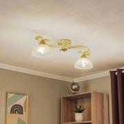 Plafondlamp Flora, twee glazen kappen, wit/messing