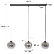 Lotus hanglamp, zwart, 3-lamps, balk, metaal, glas