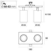 SLC LED inbouwspot Art, 2-lamps, zwart, 2.700 K, aluminium