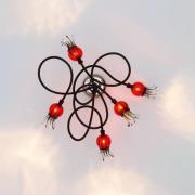 serien.lighting Poppy deck, 5-lamps zwart/ruby rood