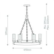 Kroonluchter Sawyer, 6-lamps, houtkleur, staal, glas, E14