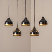 Hanglamp Yildo, zwart/goud, 5-lamps. Lengte 111 cm
