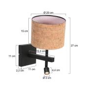 Wandlamp Stang, zwart/bruin LED leeslampje Hoogte 27 cm Kurk