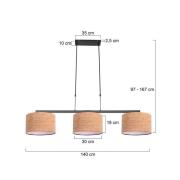 Hanglamp Stang, zwart/bruin, lengte 140 cm, kurk, 3-lamps.